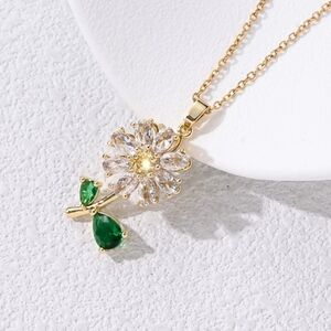 Gold White Flower & Green Leaf Pendant Necklace